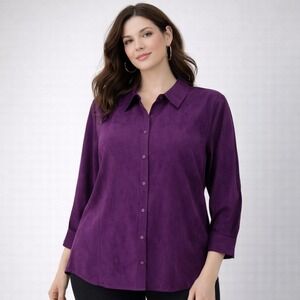 Catherines Plum Velour Button Front Blouse 2X Soft Luxe Casual Classic Top